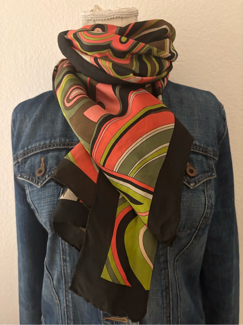 Carlisle Silk Scarf in Black, Coral & Olive Swirl Print